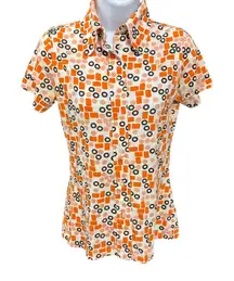 Vintage Judy Bond Orange Geometric Circles Square Short Sleeve Button Up Shirt M