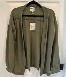NWT Blu Pepper Cozy Life Cardigan Open Waffle Knit Olive Balloon Sleeve