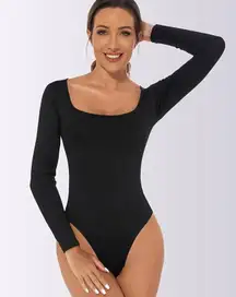 Feelingirl Women's Shapewear Bodysuit Tummy Control Thong Body Shaper, Square Neck Long Sleeve Tops Body Suit