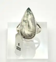 Moss Agate Tear Drop Sterling Silver Handmade Ring Size 8.75