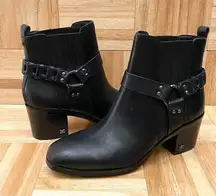 SAM EDELMAN “Dalma” Black Leather Harness Square Toe Stacked Heel Chelsea Boots