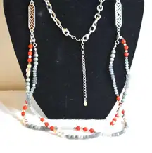 Premier Designs Fast Foward Silver Tone Layers Red/Gray Beads 30"-34" Necklace