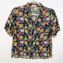 Love Notes Pineapple Print Button Down Shirt boxy Top Cropped SMALL Y2K