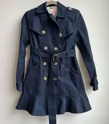 Juicy Couture  Navy Double Breasted Trench Coat Ruffle Hem Size XS Gold Buttons