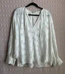 Vince Silk Cotton Blend Floral Sheer Long Sleeve Tie Neck Blouse Sz M White‎