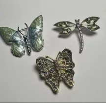 Butterfly Dragonfly Brooch Pin Lot Of 3 Flying Insects Rhinestone & Enamel Mix