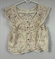 Ultra Pink Ivory Crochet Knit Button Cardigan Large Boho Beach Summer Cottage