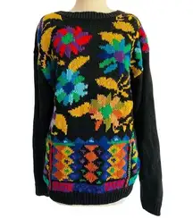 Vintage 90s Chunky Knit Floral Pattern Black Colorful Pullover Sweater Small