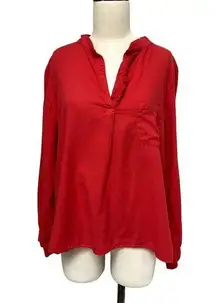 A Shirt Thing Ruffle V-Neck Split Blouse Long Sleeve Red Medium