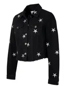 PISTOLA Brando Star‑Embroidered Denim Jacket S Black Raw Hem Silver Stars