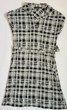 Tommy Hilfiger Short Sleeve Collared Tie Wast Mini Dress Preppy Black White