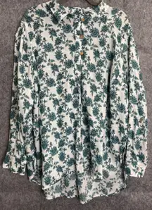 Cynthia Rowley 2X Teal Floral Linen Top Short‎ Sleeve Lightweight Feminine