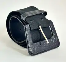 Vintage 80’s Black Patent Leather Faux Croc Buckle Stretch Belt