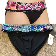 NEW NWT KENNETH COLE REACTION Sash Hipster Bikini Bottom Paisley Black Blue M