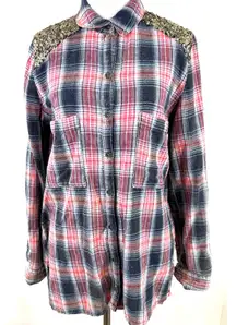 Free People Little Bit of Sugar Plaid Gold Sequin Button Up Shirt Size XS