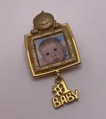 Signed JJ Costume Jewelry Brooch Pin Gold Tone #1 Baby Photo Picture Frame