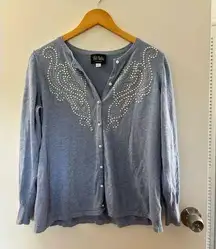 Bob Mackie Women's M Blue Cardigan Sweater Pearls & Rhinestones