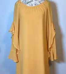 LONG LAYERED RUFFLED SLEEVE SHIFT DRESS by SIGNATURE STUDIO in MUSTARD SIZE S