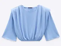 Zara Light Blue Shoulder Pad Blouse Top, Flowy Sleeves, Women’s Medium NWT