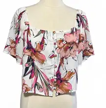 Leith‎ White Pink Floral Button Front Cropped Blouse Square Neck Top Size Medium