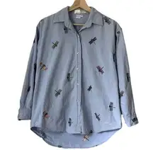 Vintage 90s Casey Coleman embroidered dragonfly denim chambray button down shirt