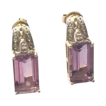 Amethyst Vintage Emerald Cut  & Diamond Stud Earrings 10k Solid Yellow Gold