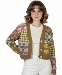 Debut Quirky Patchwork Cropped Cardigan Womens XS Brown Pink Retro Indie Whimsy