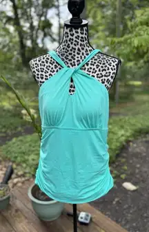 LANDS’ END High neck Multi Way Aqua Tankini Top Sz L (14-16) Ruched Sides