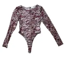 Meshki Sheer Swirl Marble Pattern Burgundy‎ Long Sleeve Bodysuit Size Small