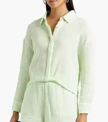 MONROW Green Relaxed Crinkle Gauze Top Twist Button Front Long Sleeve Size Small