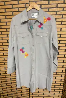 Ivy Jane Gray Floral Embroidered  Pearl Snap Button Down Dress Size XL