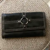 90s Black Whimsygoth gothic grunge leather purse wallet cardholder silver tone circle o-ring hardware