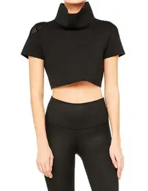 Alo Yoga Alo In Shape Short Sleeve Top Black Mesh Cut-Outs Neoprene High Mock Neck Crop L