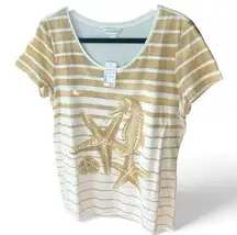 NWT Christopher & Banks seahorse/shell beach themed T-shirt w/rhinestones size L