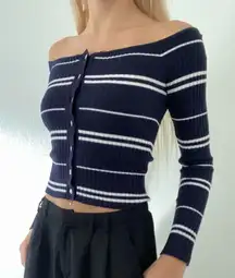 PacSun Lottie Moss off shoulder navy blue ripped striped button cardigan sweater
