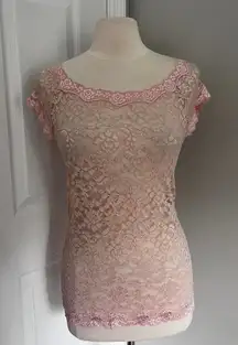 Y2K BABY PINK‎ MODA INTERNATIONAL SHEER LACE FLORAL TOP