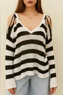 Central Park West Lucerne Sweater Medium Distressed Striped V Neck Linen Edgy