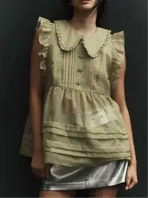 Anthropologie Maeve Peter Pan Collar Sheer Pintuck Babydoll Top, Size XS