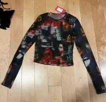 Long Sleeve Mesh Printed Top