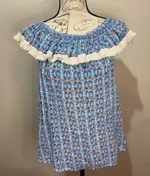 ROBERTA‎ ROLLER RABBIT Lucia Fringe Off Shoulder Top Blue Tile Print sz S