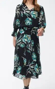 Chico's  Womens Dress 14 Floral Crepe Pleated Dark Floral Midi Long Sleeve Ruffle