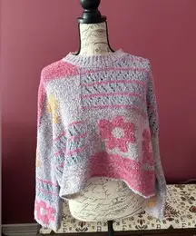 Moon & Madison Large Fuzzy Cropped Flower Sweater NWT
