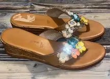 Fabio Maggenti Italian Leather Tan Floral Wedge Sandals