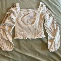 Lascana Shirred Blouse Women White Floral Embroidered Long Sleeve Boho XS 0 2