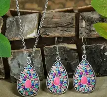 Silver Multi Colored Gemstone Necklace and Earrings (2) Piece Set