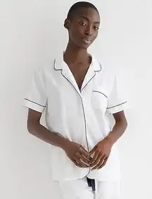 J Crew Cotton Pajama Top Short Sleeve Button Up White With Blue Trim XS NWT