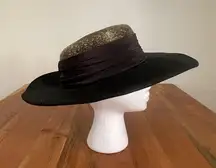 Vintage Bollman Black Wool Doeskin Gold Sequin Wide Brim Hat 20" Medium Derby