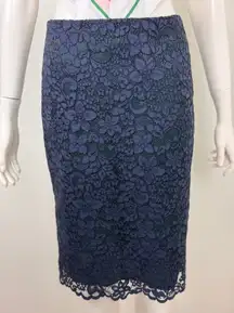 Tory Burch Size 2 Green Navy Lace Pencil Skirt Scalloped Embroidered Floral Slit
