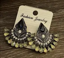 Black Yellow Green Jeweled Chandelier Boho Fan Fashion Earrings NEW