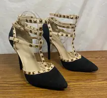 Studded T-Strap Heels Pointed Toe Stiletto Party Shoes Wild‎ Diva Size 8.5